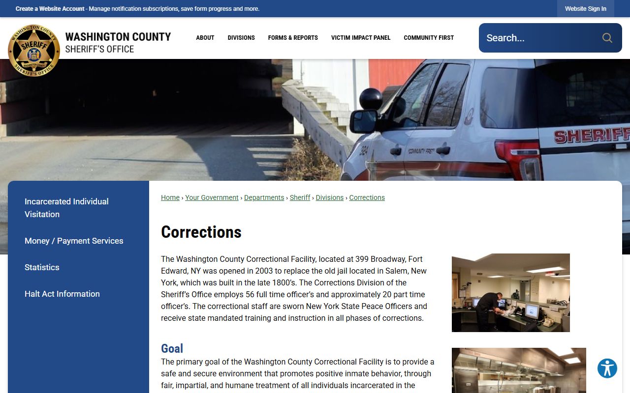 Washington County Correctional Facility corrections division page and jail custody information