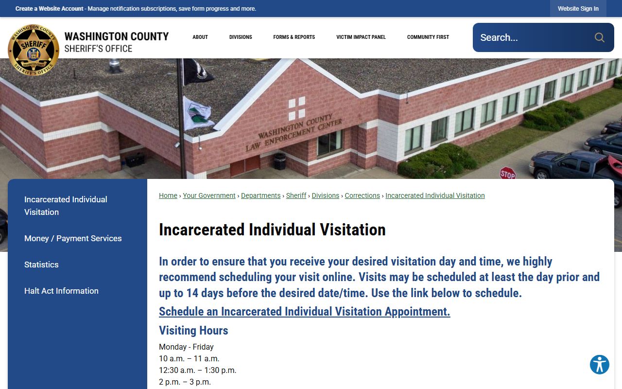 Washington County Correctional Facility visitation schedule and jail visit rules