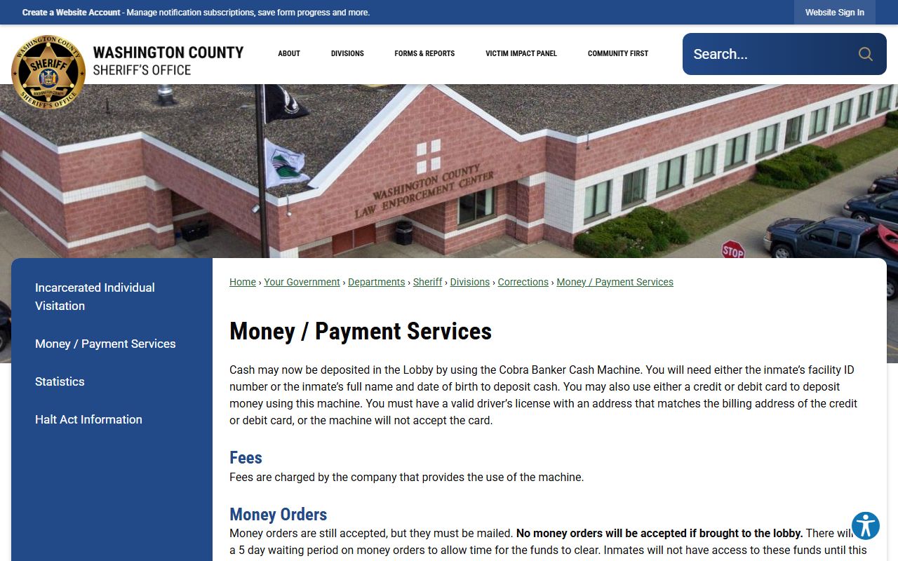 Washington County Correctional Facility money payment and jail bail services
